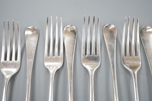 A set of nine George III silver Hanovarian pattern table forks, Eley & Fearn, London, 1804, 17oz.